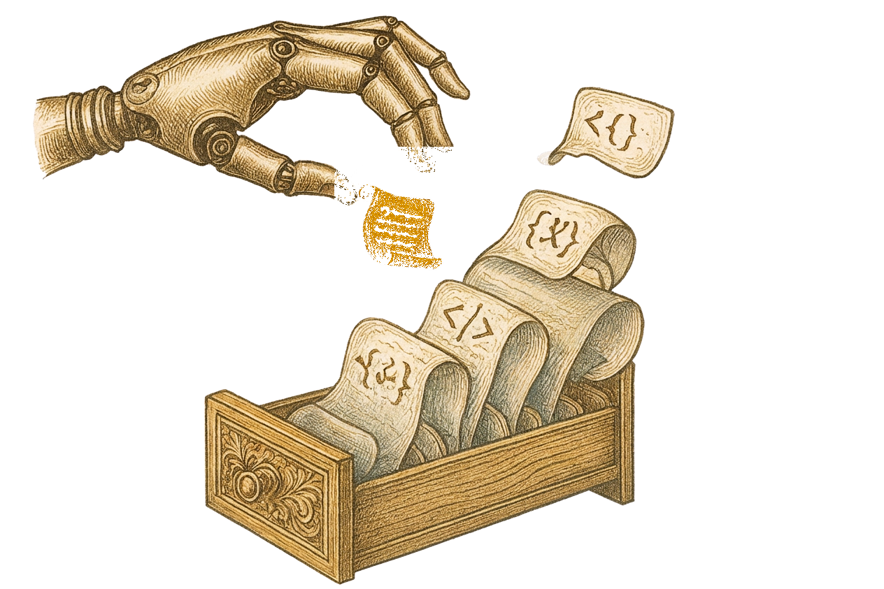 A brass hand releases a small handwritten parchment above an archive of trait scrolls.
