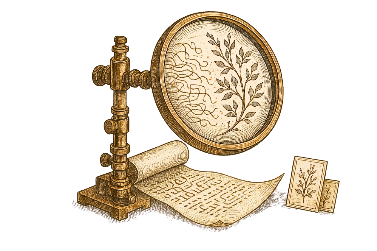 An ornate brass lens examines a manuscript, revealing orderly botanical patterns among tangled threads.